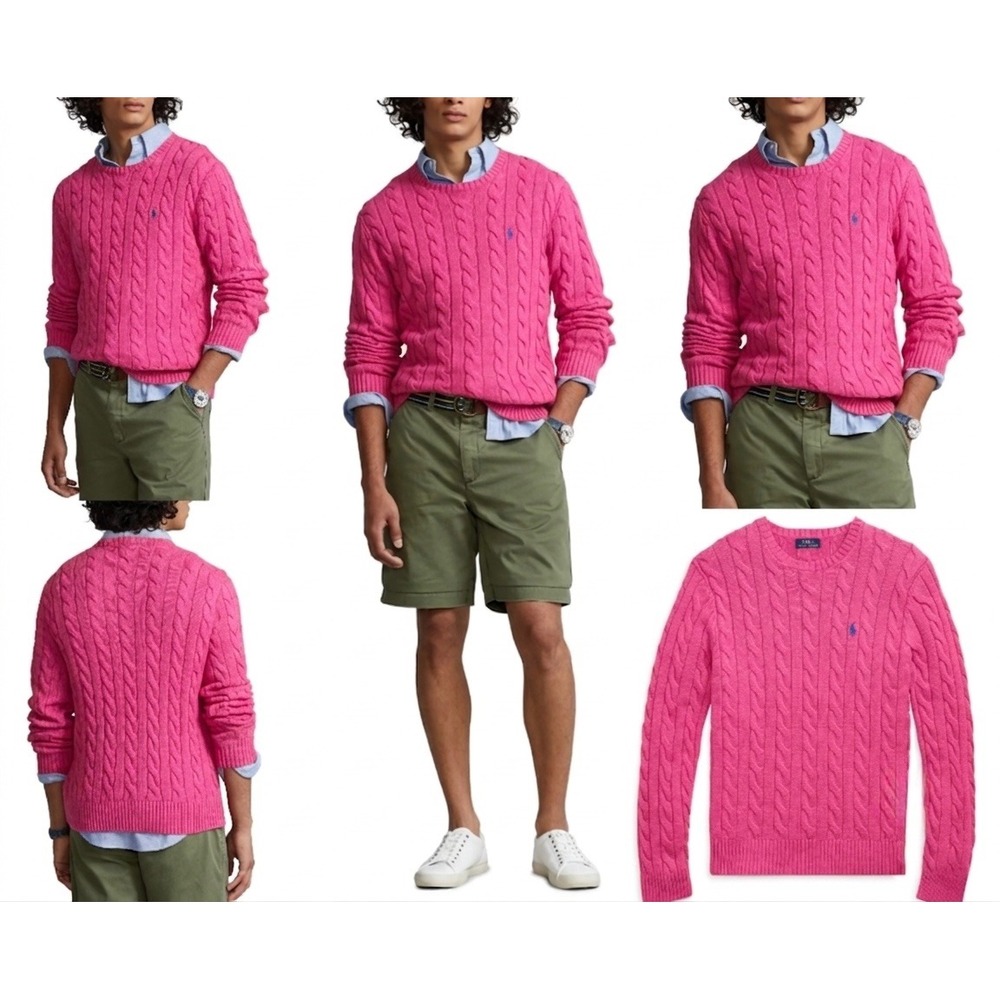 Vintage Ralph Lauren Mens XL Pink Cable Knit Cotton Crewneck Sweater Blue Pony